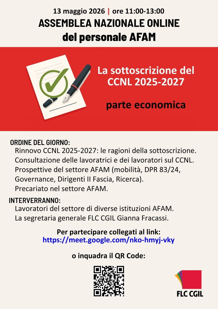 p128 2026 all. locandina flc cgil assemblea nazionale online personale afam, 13 maggio 2026